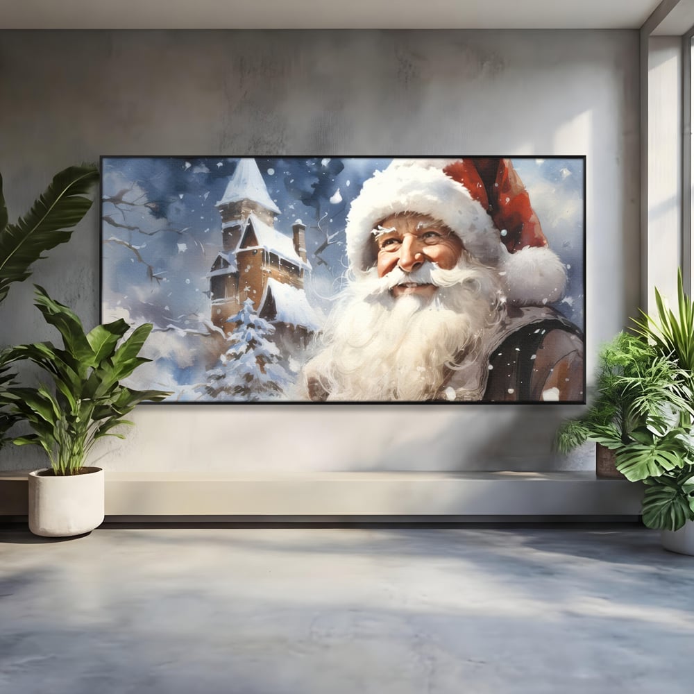 Tablou canvas cu tablou canvas cu mos craciun, in rama de aluminiu negru